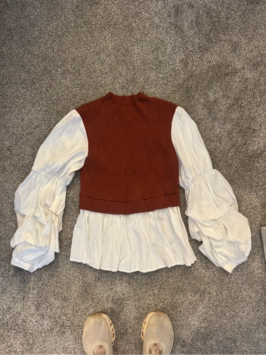 Pants Store Sweaters - Rust Brown Ribbed Mock Neck Sweater Vest with White Peplum Blouse
